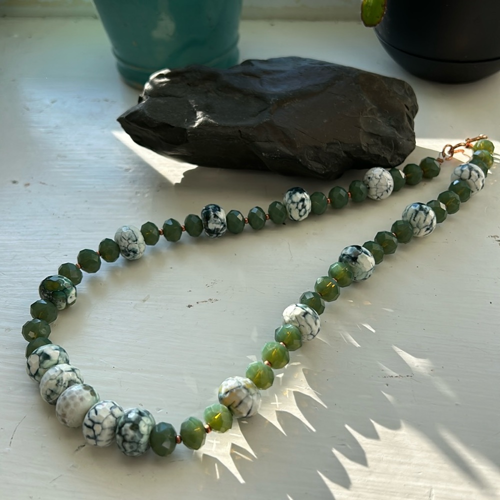 Green Glass and Agate Necklace with Copper